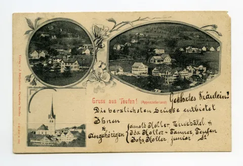 Von links oben im Uhrzeigersinn: Dorfszene (Ausschnitt Ebni?);  Ebni mit Weberei, Lortanne (?);  Dorfmitte von Osten mit Grubenmannkirche und Hecht