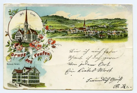 Von links oben im Uhrzeigersinn: Alte Kath. Kirche; Dorfansicht von Süden; Haus Konsum-Verein; Blumenranken