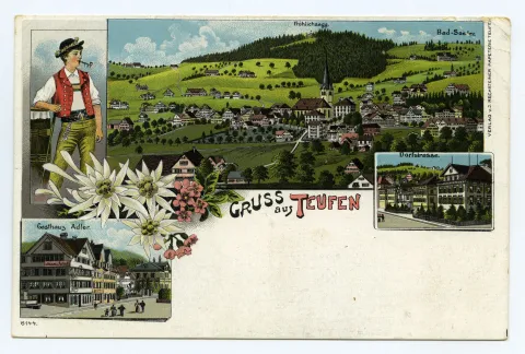 Von links oben im Uhrzeigersinn: Dorfzentrum von Südosten; Dorfstrasse; Gasthaus Adler; dazu Appenzeller Senn (Gäälhösler), mit Brente, Edelweiss u.a. Blumen (vgl. Hc.13-05)