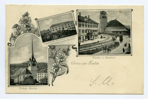 Von links oben im Uhrzeigersinn: Zeughaus mit Militär; Dorfplatz von Westen, mit altem Bahnhof, Grubenmannkirche, Militär; Evang. Dorfkirche, von Osten, Blumenranken