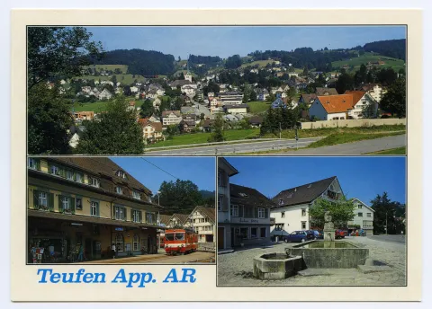 Von links oben im Uhrzeigersinn: Dorfzentrum von Süden, mit Umfahrung und Schönenbüel (z.T.); Dorfplatz, Dorfbrunnen mit ehem. Hotel Bahnhof (halb verdeckt); Bahnhof, einfahrende SGA / AB-Komposition (rot-weiss), Post