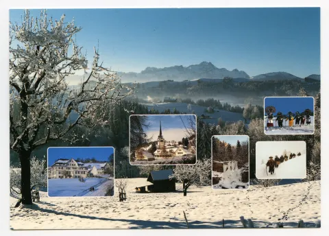 Hauptbild: Winterlandschaft mit Mittelländer Hügeln, Kronberg, Alpstein mit Säntis. Eingebettet v.l.n.r.: Augenklinik Hilsdorf; Dorfkern von Südosten, Grubenmannkirche, Hecht (z.T.); Höch Fall (gefroren!); je ein Schuppel schöne und wüste Silvesterchläuse – (alle Fotos: Winter)