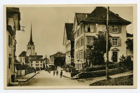 mit Grubenmannkirche und Dampfzug-Komposition Richtung büeler/Gais, Kinder auf der Strasse