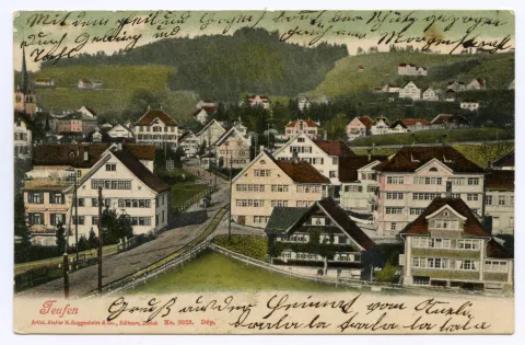 mit Fuhrwerk auf Strasse (Pferd? Ochse?), Blick zu Frölichsegg, Bad Sonder, Grubenmannkirche (z.T.), gleiches Foto wie Ho.07-021 (vgl. Hc.20-14, und Hc.20-15)