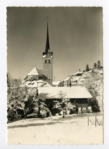 Vorne Hechtremise (?), „Hecht“ und Kornhändlerhaus (beide z.T. verdeckt), Grubenmannkirche. Blick Richtung Westen