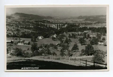 Blick via Sitterviadukt (BT-Brücke) und Gossau ins Fürstenland