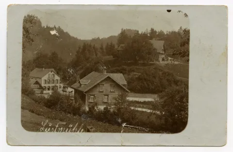 Gasthaus, Station, Kreuzung Abzweiger Steiner-Strasse, div. Kutschen vor dem Gasthaus. Blick nach Nordosten