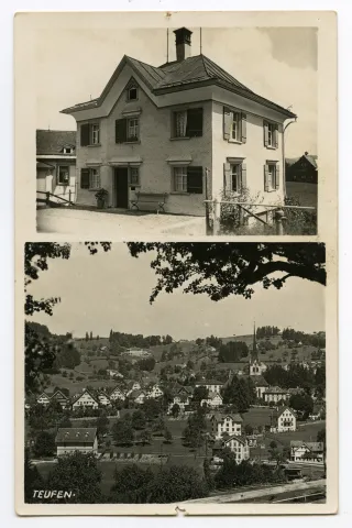 (früher Trinkschenke zum Landhaus), Doppelbildkarte, oben: Ansicht Wohnhaus, unten: Ansicht von Teufen aus Süden mit evang. Kirche mit Blick Richtung Bad Sonder und Eggen