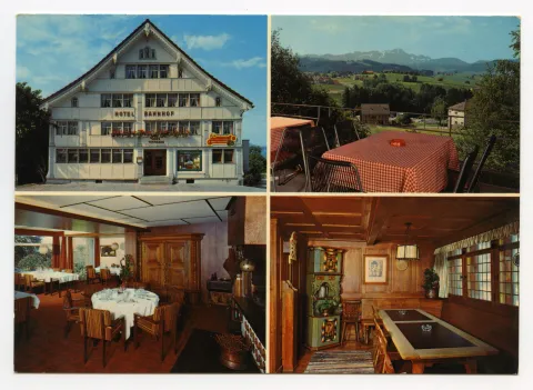 Mehrbildpostkarte: Ansicht von aussen (Herrensalonfenster, war mit im Haus), Ansicht von Aussenterasse, 2x Innenansicht (vgl. Hc.08-45, Karte identisch, Stempel 1985)