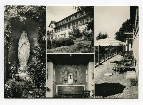 Mehrbildpostkarte: Marienstatue, Aussenansicht, Innenansicht mit Kapelle, Ansicht vom Sitzplatz