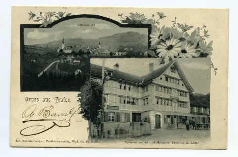 Schmuckgrusskarte, Ansicht vom Restaurant, Totalansicht von Teufen aus Südosten mit evang. und alter kath. Kirche (vgl. Hc.08-54, Karte identisch)