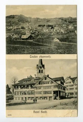 Doppelansicht, oben: Teufen aus Süden, unten: Gasthaus aus Südwesten mit evang. Kirchturm; Karte 1:(vgl. Ho.20-122(2)); Karte 2:(vgl. Ho.20-122(1))