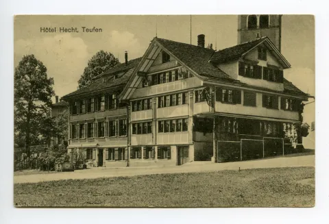 Ansicht von Südosten mit angeschnittenem Kirchturm (vgl. Hc.08-03), Karte identisch)