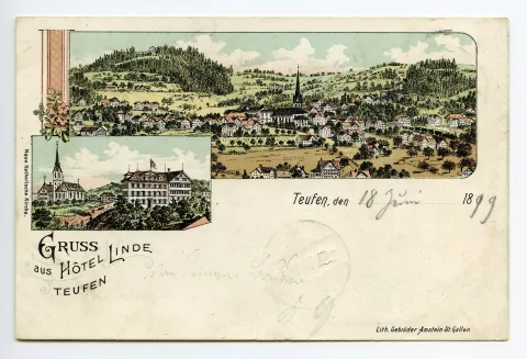 Grusskarte, Ansicht Hotel, kath. Kirche und Dampfeisenbahn, Ansicht aus Süden auf Teufen mit evang. Kirche