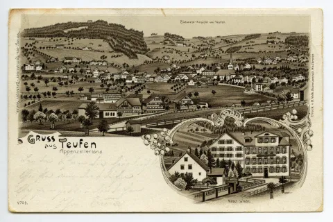 Grusskarte, Frontansicht Hotel Linde, Panoramablick aus Südwesten auf Teufen mit evang. Kirche (vgl. Hc.08-06, identisch)