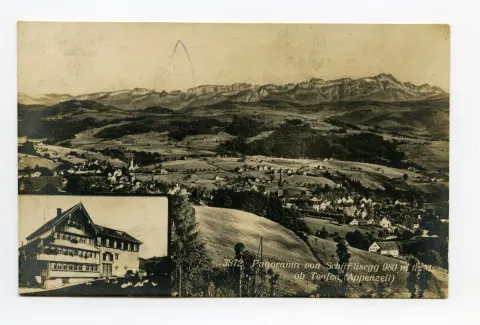 Doppelbildkarte, klein: Frontalansicht (vgl. Ho.20-214), gross: Blick vom Schäflisegg auf Teufen mit Säntis