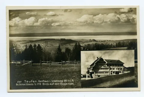 Doppelbildkarte, klein: Aussenansicht aus Süden (vgl. Ho.20-2017), gross: Panoramablick auf Bodensee