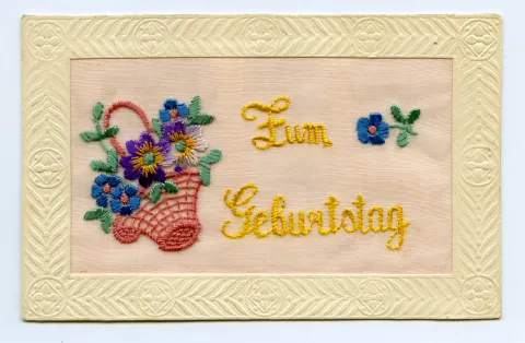 Geburtstagsgrusskarte, farbig gestickt
